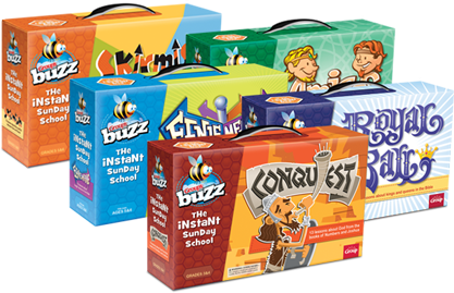 product boxes for Buzz Conquest, Royal Ball, Eenie Meenie, Amigos, and Skirmish