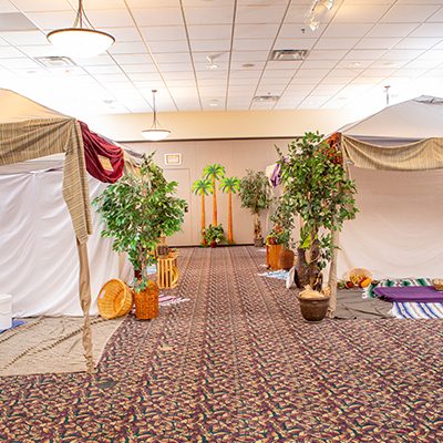 church conference room decorated like an Egyptian marketplace