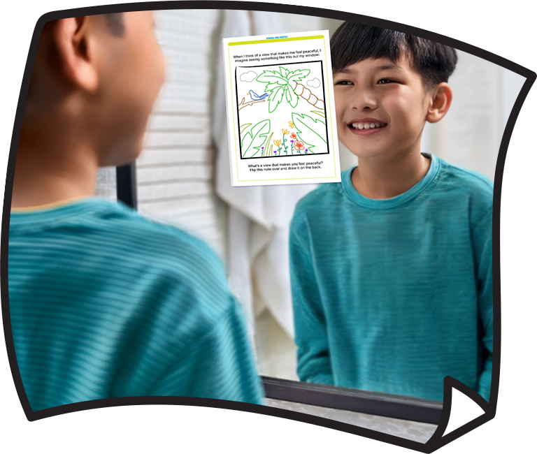 Child Reading a Completed Know-Me-Note on the Mirror